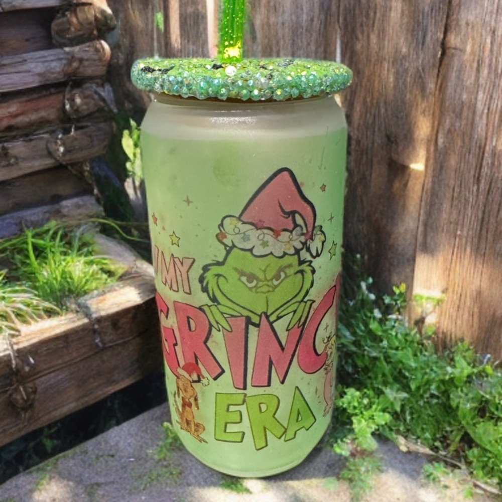 Green Grinch Tumbler with Glitter Lid